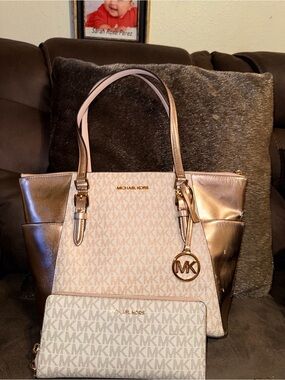 Michael Kors Pink and Rose Gold MK Monogram Tote with Wallet Set